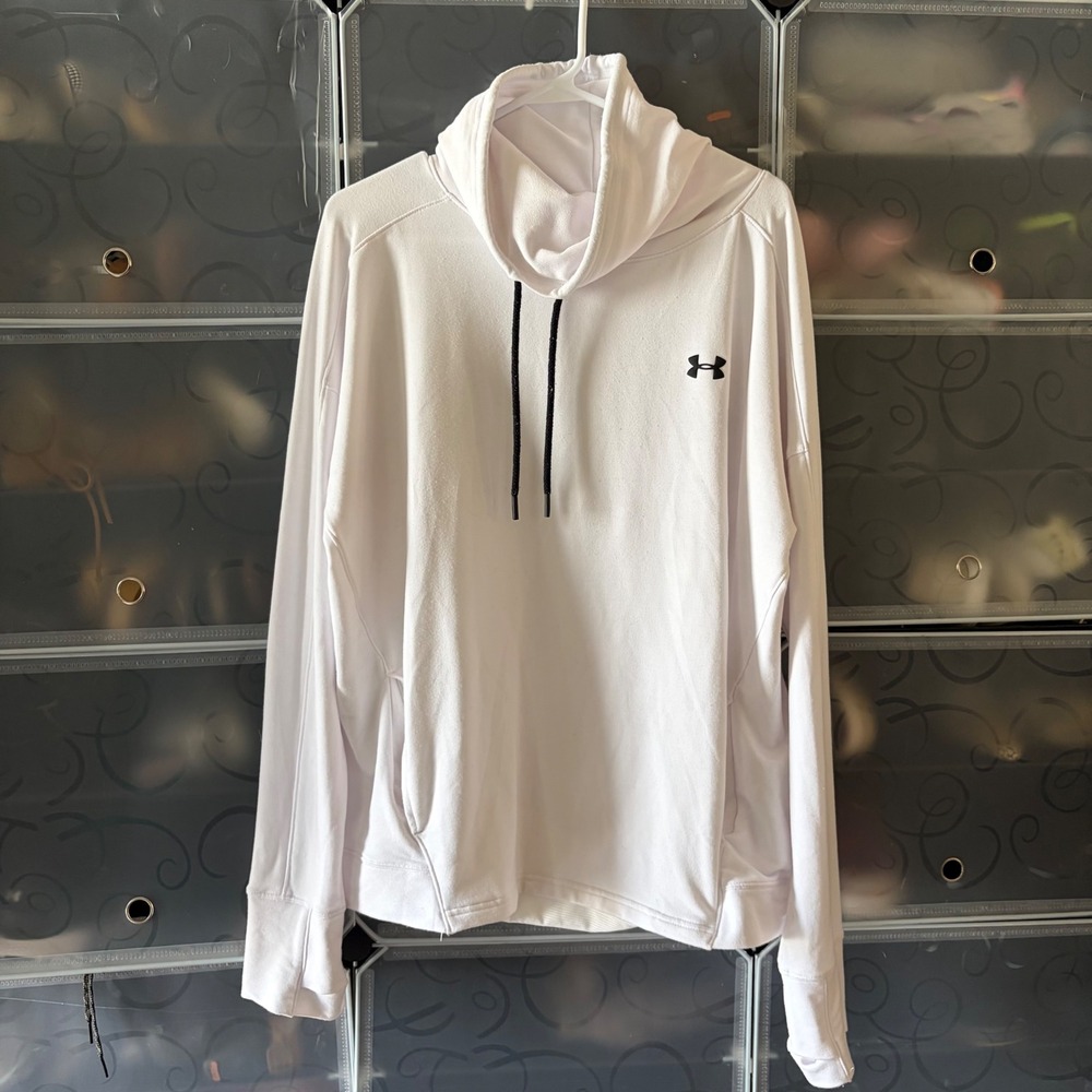Under Armour Womens White Funnel Neck Hoodie Sweatshirt Thumbholes XL Loose Fit